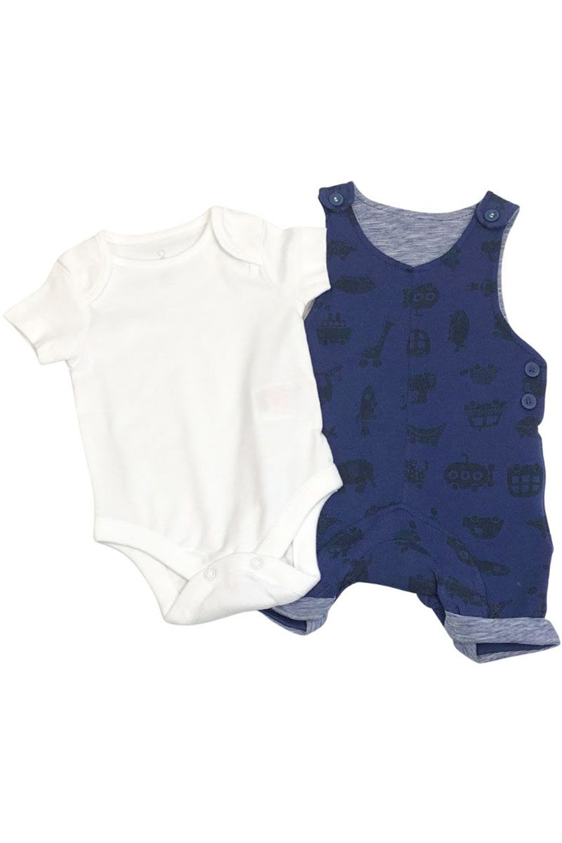 Ex Mothercare Navy Printed Dungaree & Body Vest Set.pk of 8 - Image 2