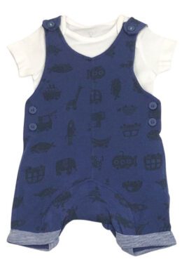 Ex Mothercare Navy Printed Dungaree & Body Vest Set.pk of 8