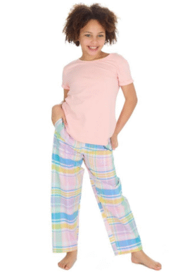 Forever Dreaming Pyjamas Plain Pink Short Sleeved Top, Long Checked Bottoms. Pk of 5