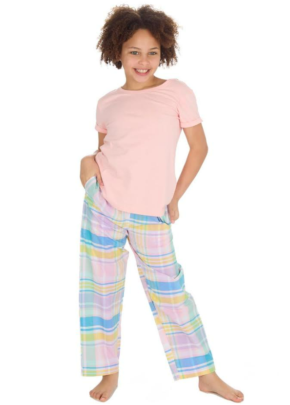 Forever Dreaming Pyjamas Plain Pink Short Sleeved Top, Long Checked Bottoms. Pk of 5