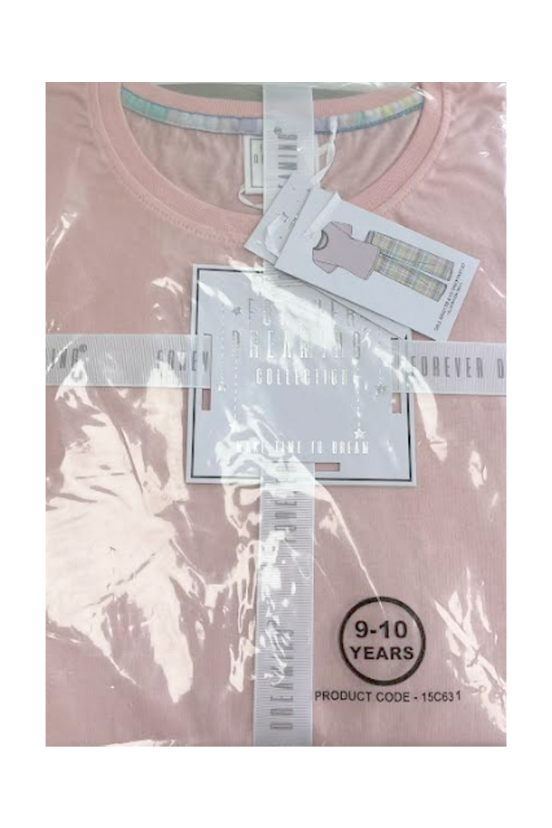 Forever Dreaming Pyjamas Plain Pink Short Sleeved Top, Long Checked Bottoms. Pk of 5 - Image 2