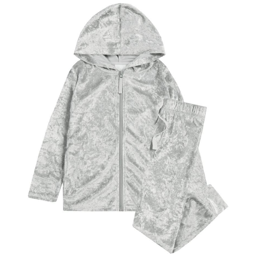 Forever Dreaming Silver Crushed Velvet Look Zip Up Loungewear Set. Pk of 4