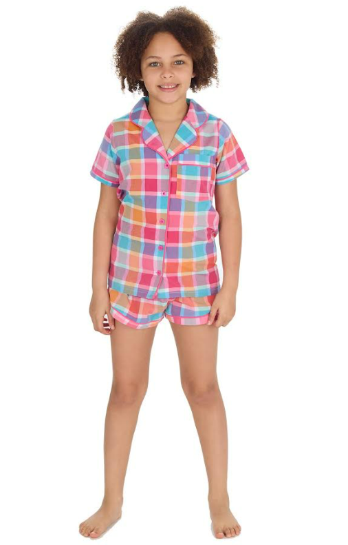 Forever Dreaming Girls Short Sleeved Short Pink Check Button Up Pyjamas. Pk of 5