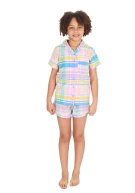 Forever Dreaming Girls Short Sleeved Short Yellow Check Button Up Pyjamas. Pk of 5
