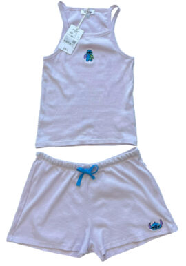 Fully Licensed Ladies Lilac Disney Stitch Ribbed Stretch Short Pyjamas. Pk of 4