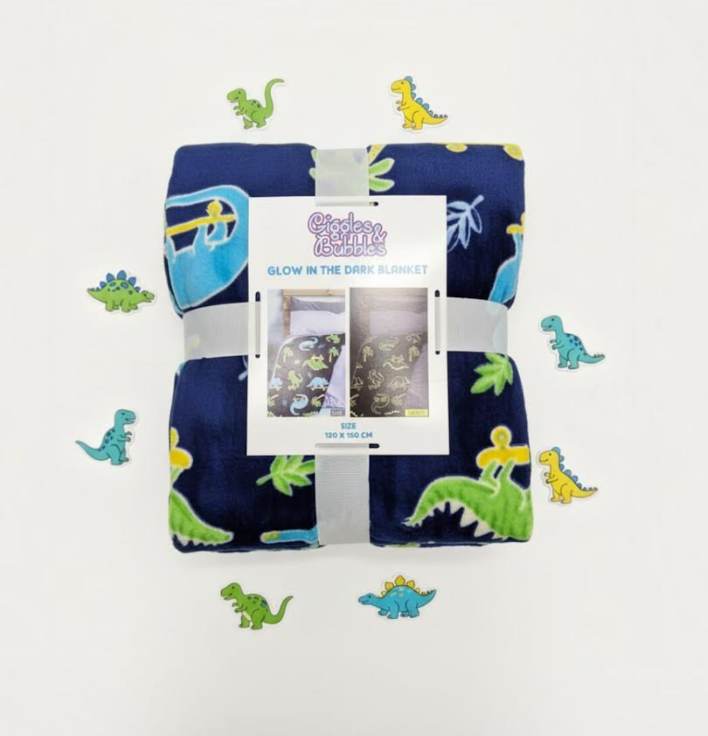 Giggles and Bubbles Glow In The Dark Navy Dinosaur Blanket. Pk of 3